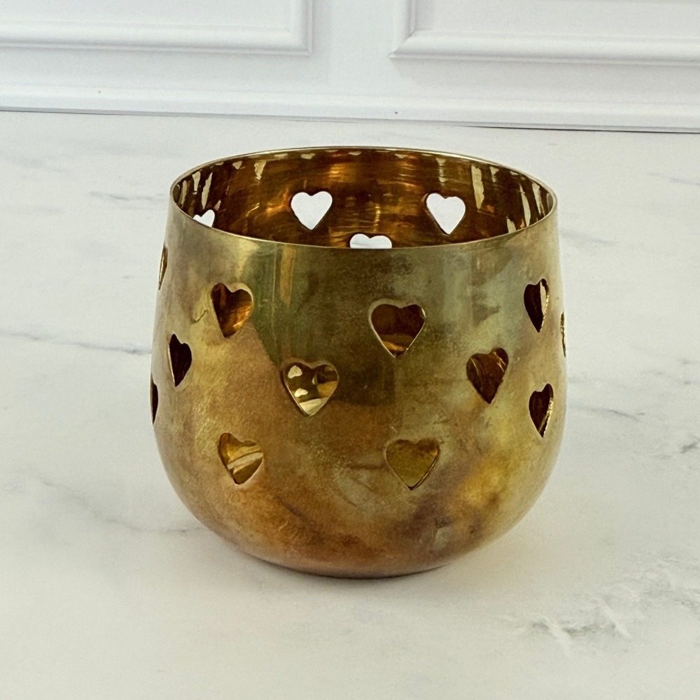 VTG Hosley Solid Brass Heart Cutout Votive Candle Holder Tea Light 2 1/2"